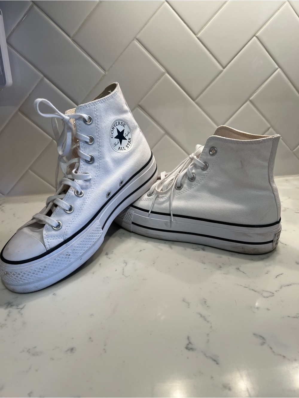 Converse White High Top Sneakers with Black Stripe- Size 7.5